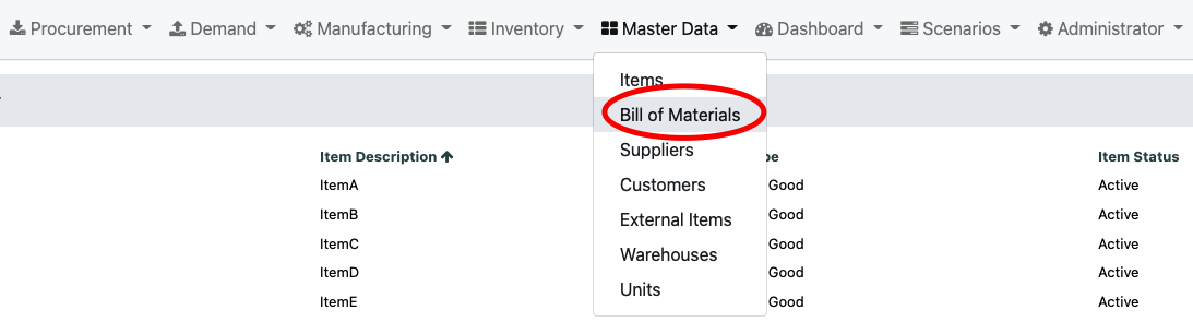 Navigate to the Bill of Materials screen