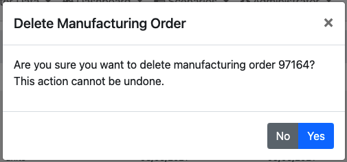 Confirm deletion of the manufacturing order