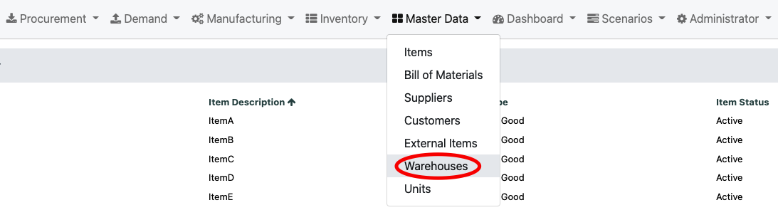 Navigate to the Warehouse Master screen